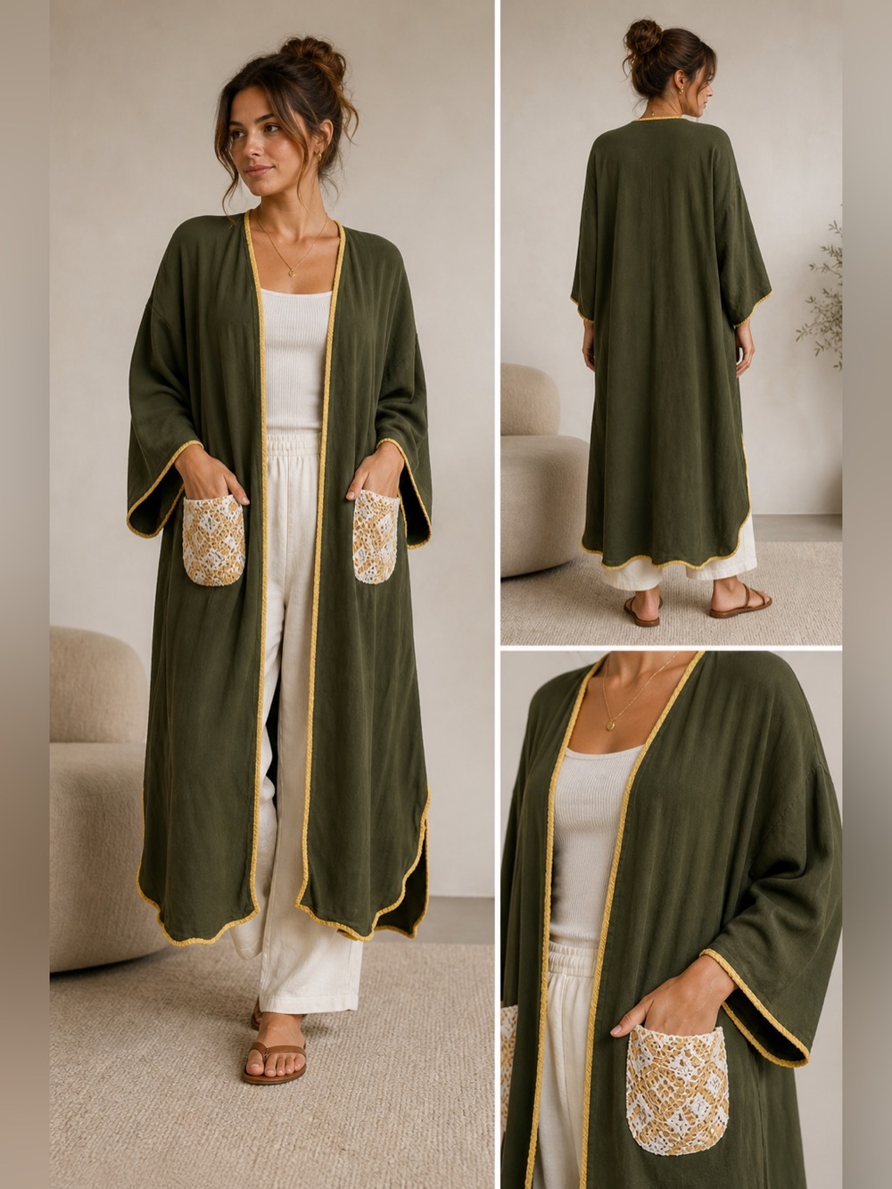Long Olive Green Kaftan Duster Robe with Yellow Trim and White Crochet Pocket